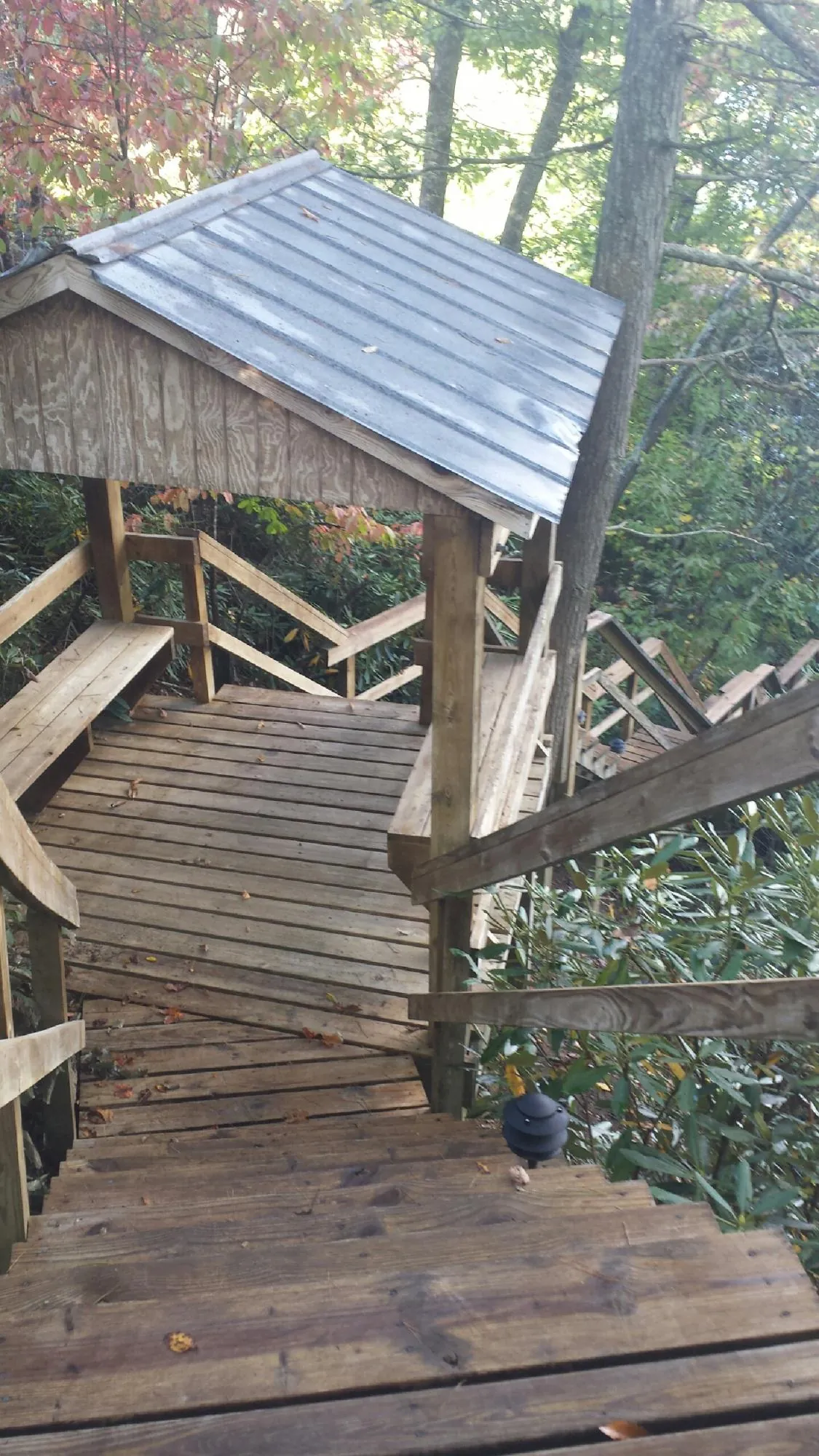 Metal roofed shelter over wooden steps on a wooded walkway — Skylight Repair & Installation work by our crew in Tell City